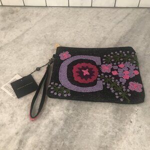 America & Beyond‎ Beaded Wristlet Clutch Bag Black Purple Floral Butterfly Zip